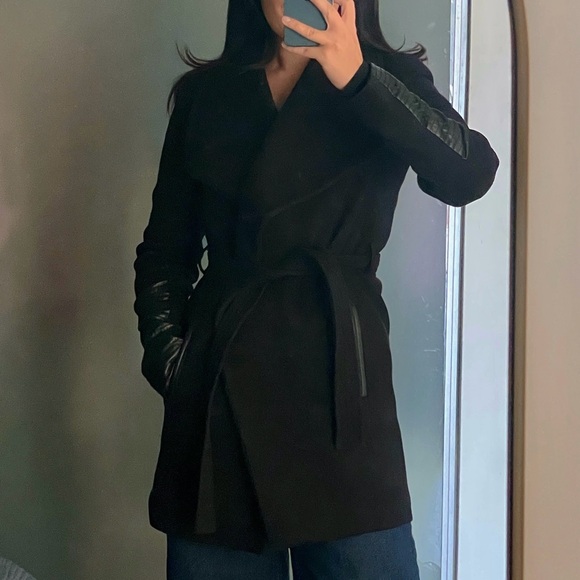 Vero Moda Black Faux Leather Detail Peacoat with Waist Tie (S) - Picture 2 of 5